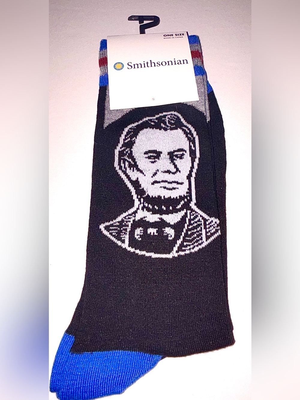 Men’s Black Abraham Lincoln Graphic Socks, Blue Toe